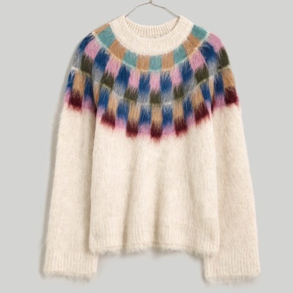 Madewell Brushed Checkerboard Fair Isle Oversized Sweater Ivory Multi Women’s S - Picture 1 of 12